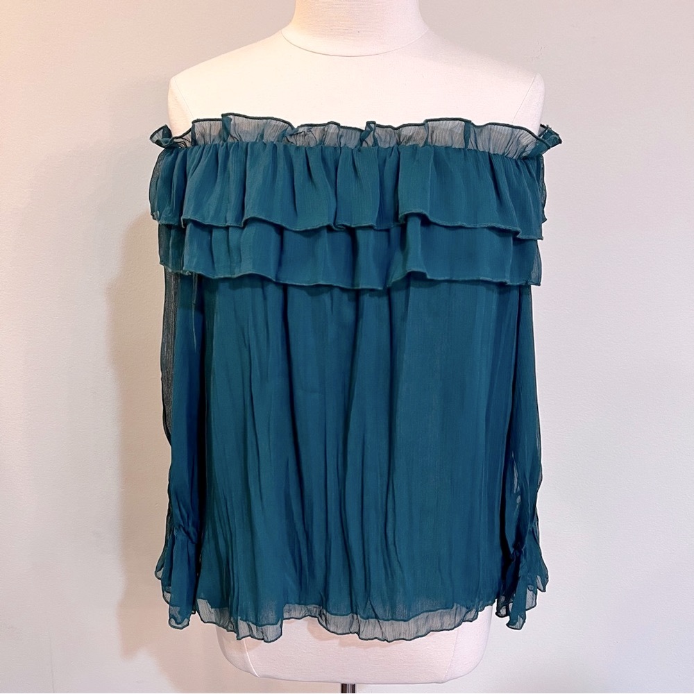 ZARA Off Shoulder Gauze Blouse Forest Green Flowy Boho Top Size L